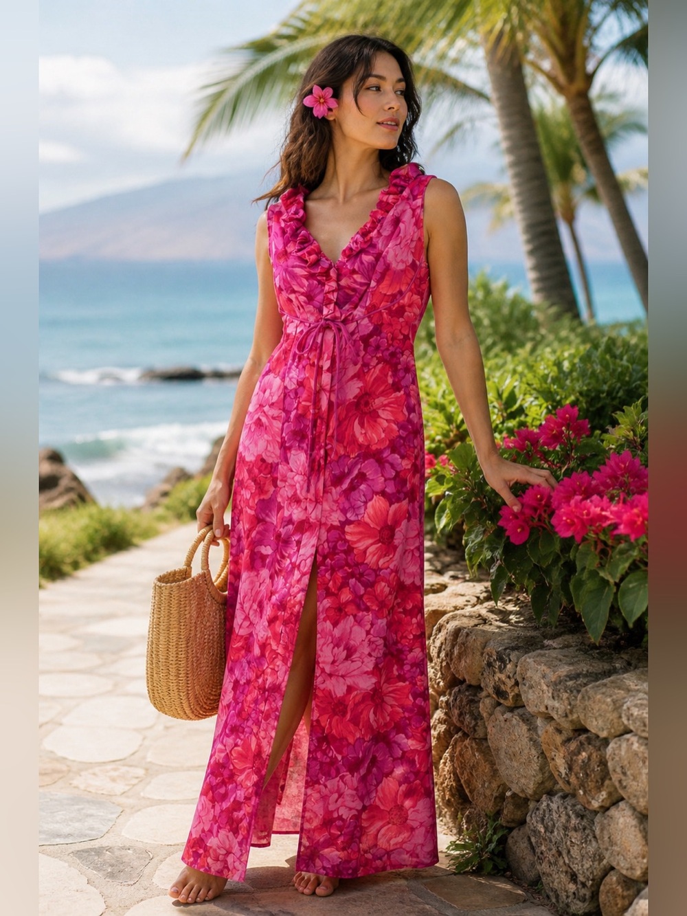 Vintage Lauhala Hawaiian Floral Dress Made In Hawaii Ruffle Neck Size 6 K